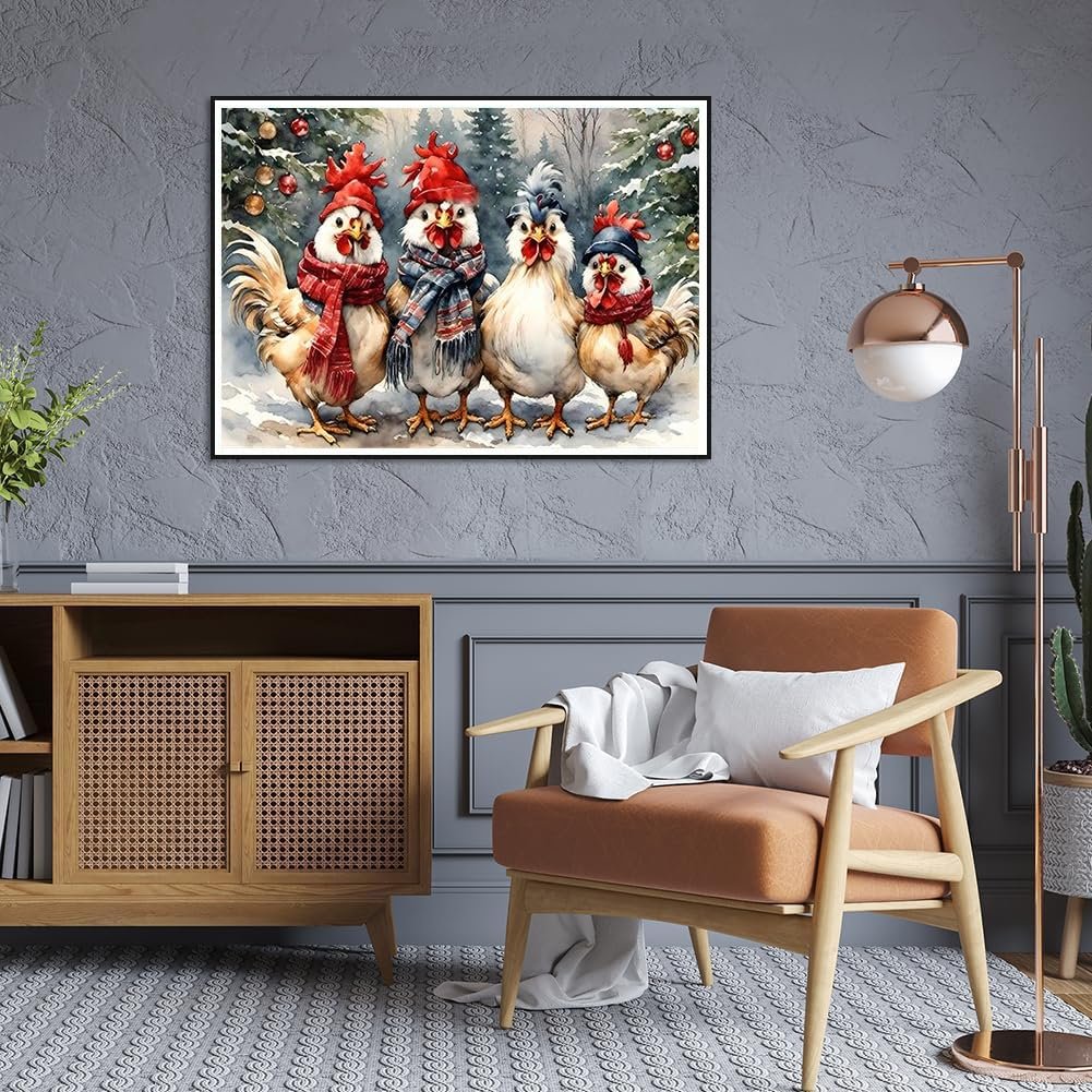 Four chickens wearing Santa hats and scarves stand in a snowy forest with Christmas trees.