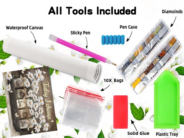 Diamond art kit contents including a rolled canvas, sticky pen, pen case, diamond bags, glue, and tray.