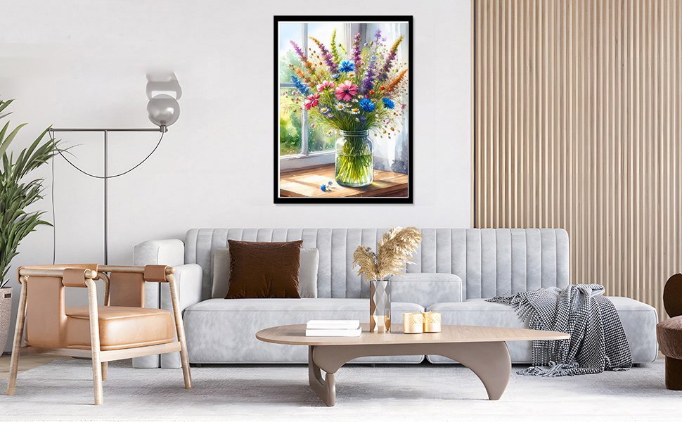 Framed diamond art painting of a vase of wildflowers on a windowsill, displayed in a modern living room.