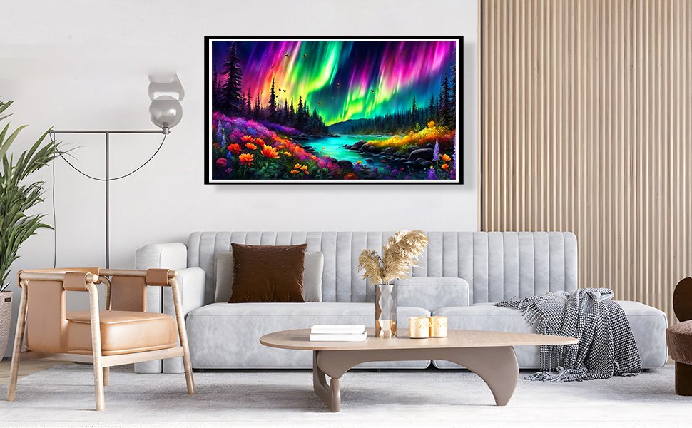 Diamond painting kit artwork of a vibrant landscape with aurora borealis over a river and forest