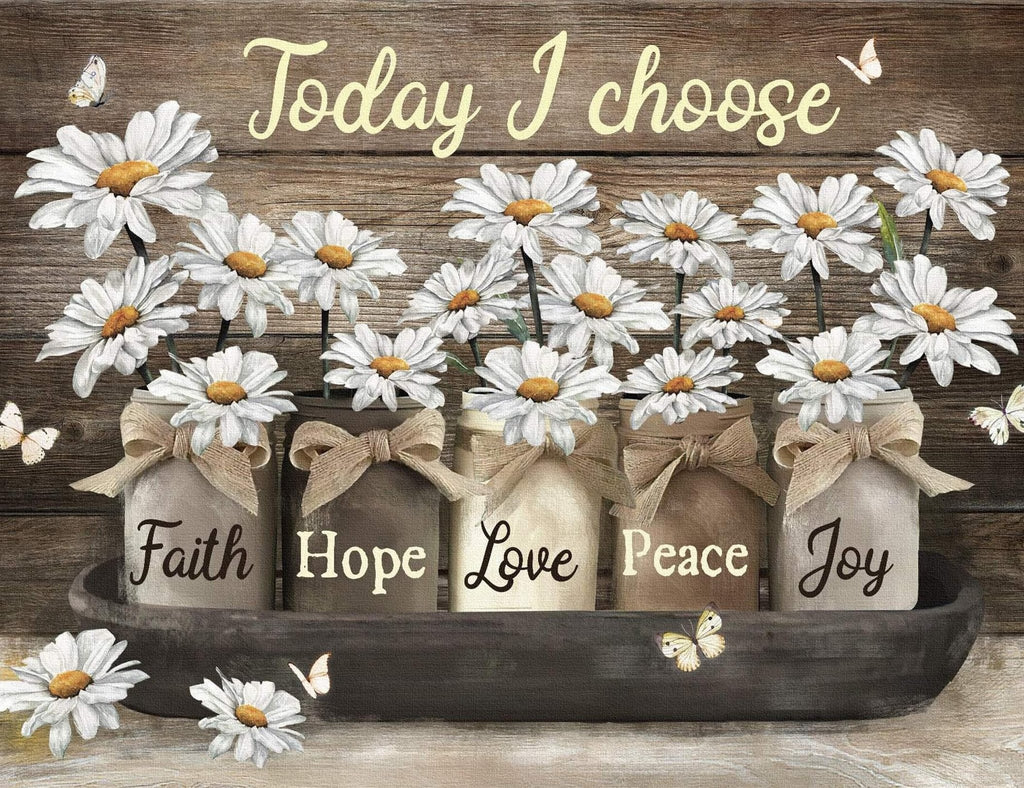 Daisy flowers in jars with inspirational words Faith, Hope, Love, Peace, Joy on a wooden background with butterflies