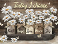 Daisy flowers in jars with inspirational words Faith, Hope, Love, Peace, Joy on a wooden background with butterflies