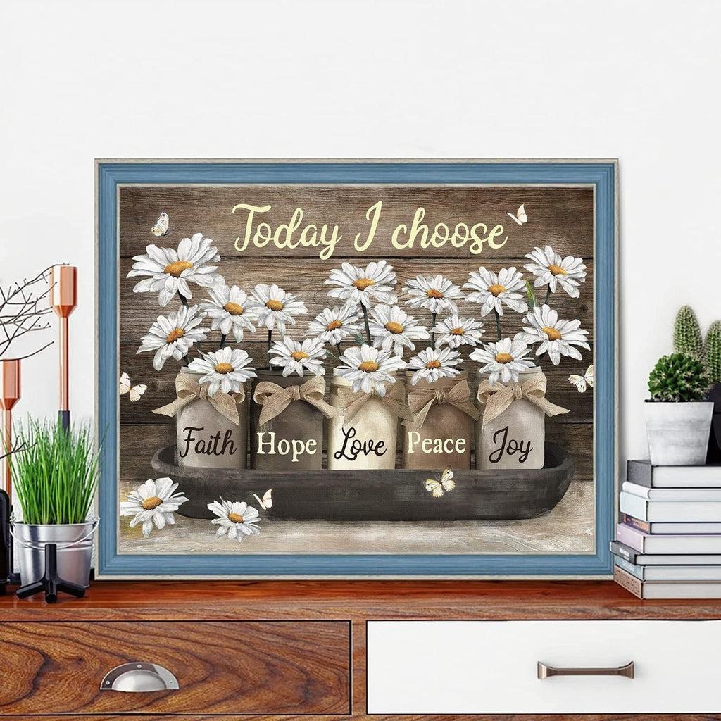 Diamond art painting of daisies in jars with inspirational words, framed and displayed on a shelf.