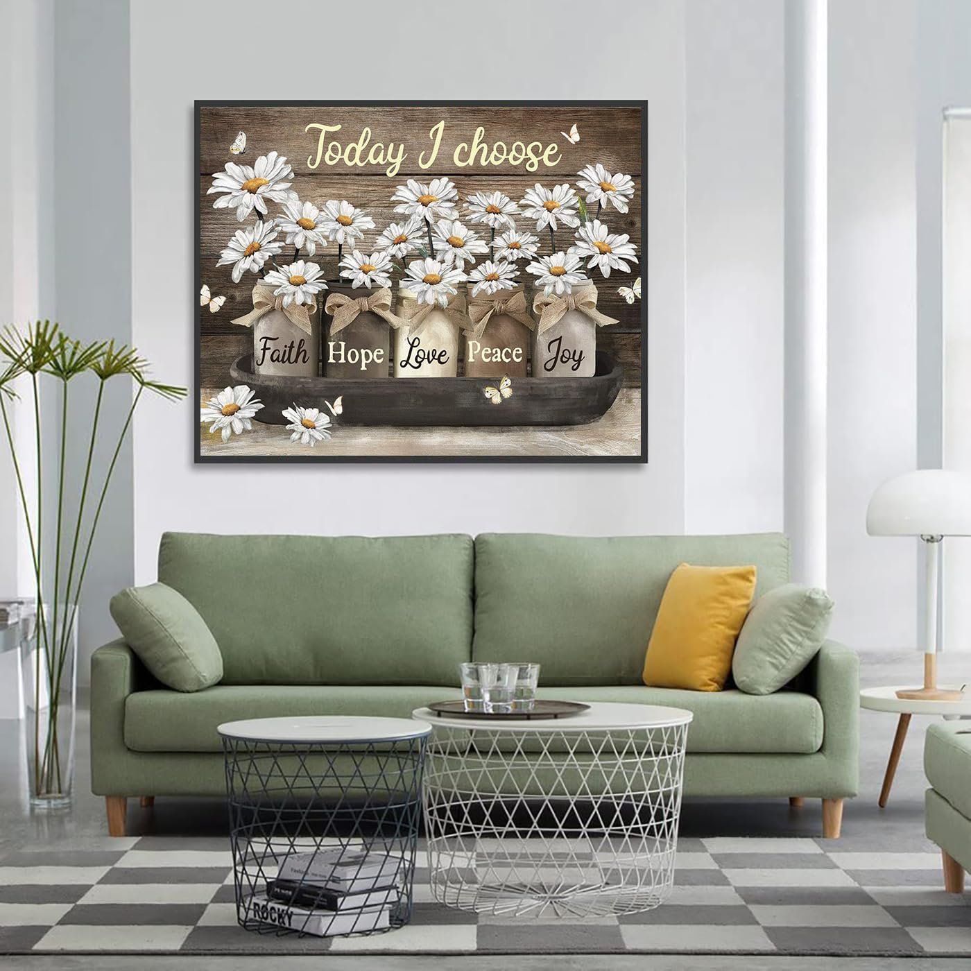 Daisy diamond art kit displayed in a living room setting above a sofa.