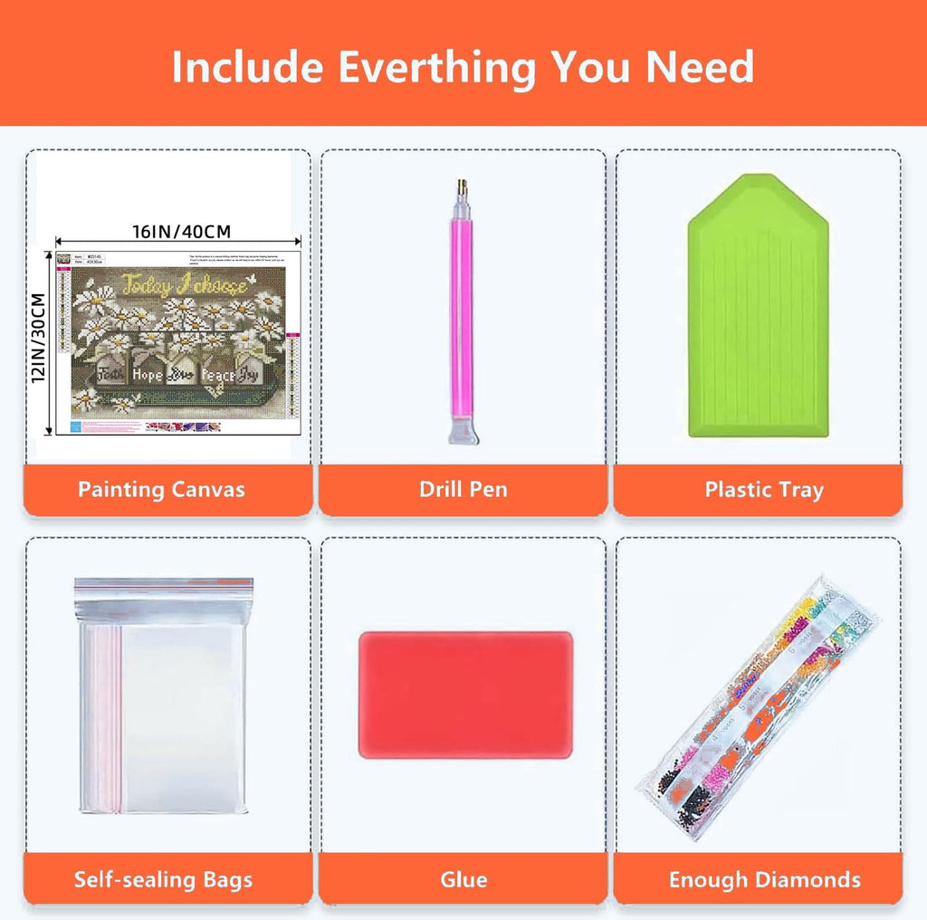 Diamond art kit contents laid out: painting canvas, drill pen, plastic tray, self-sealing bags, glue, and diamond bags.