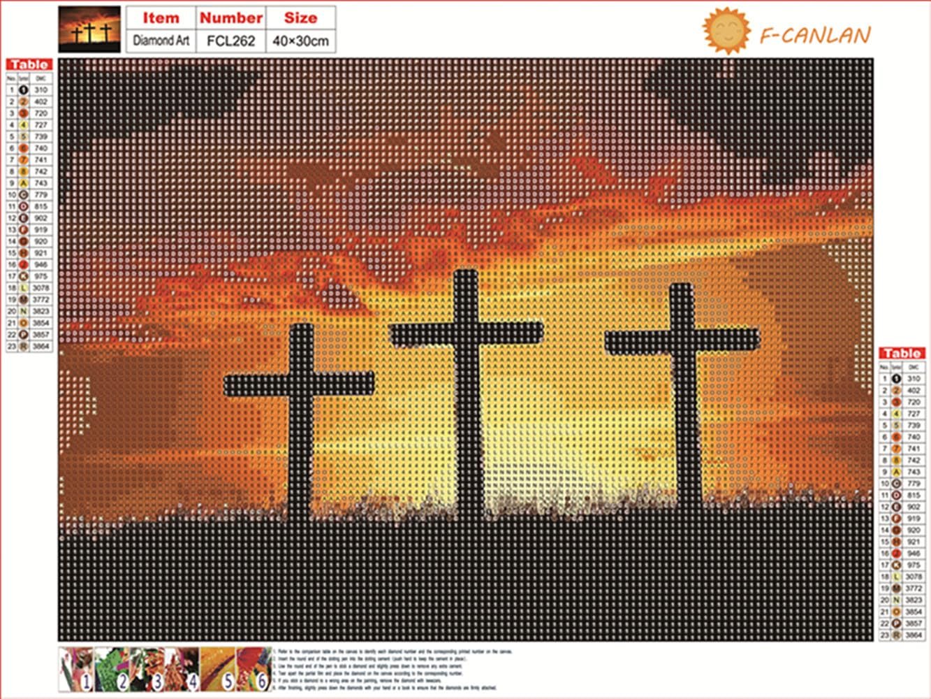 Diamond painting kit showing three crosses silhouetted against a sunrise sky, with color/symbol key tables on the sides.