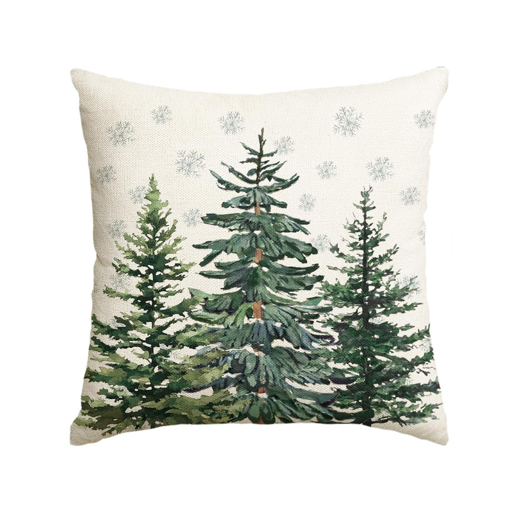 Christmas trees and snowflakes on a square pillow cover, front view