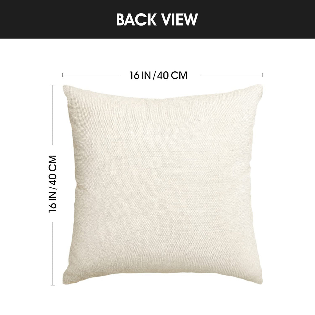 Back view of a plain cream-colored 16x16 inch throw pillow cover with dimensions indicated.