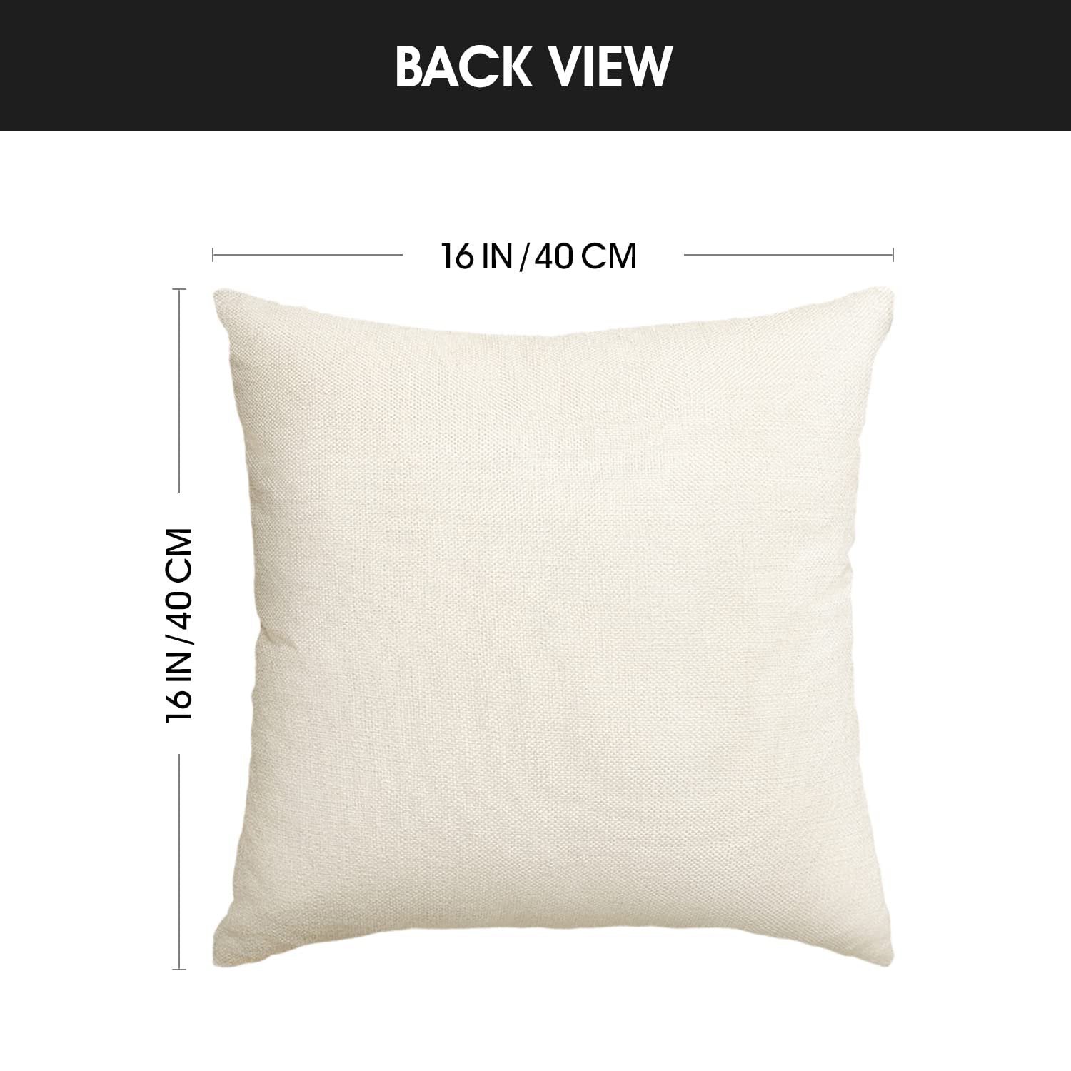 Back view of a plain cream-colored 16x16 inch throw pillow cover with dimensions indicated.