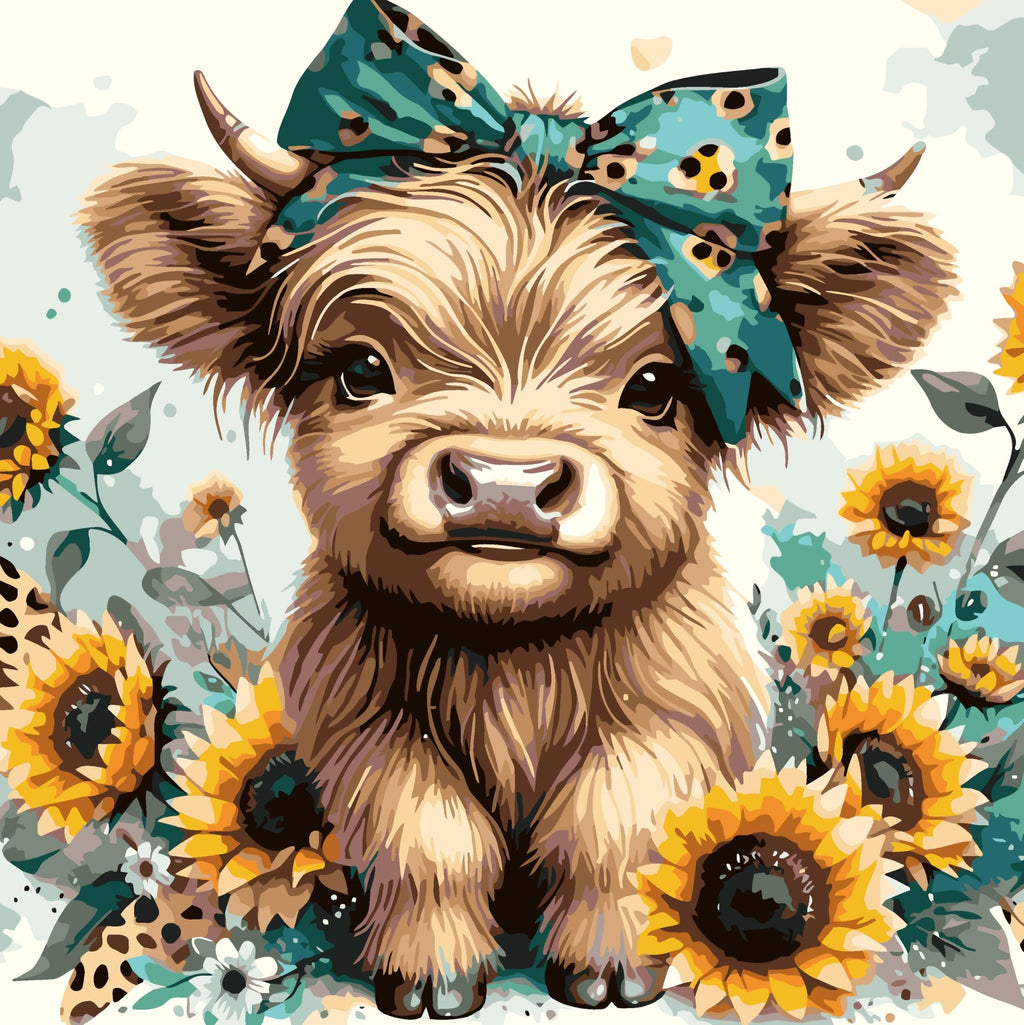 Paint by numbers kit featuring a cute Highland cow with a teal bow surrounded by sunflowers and foliage.