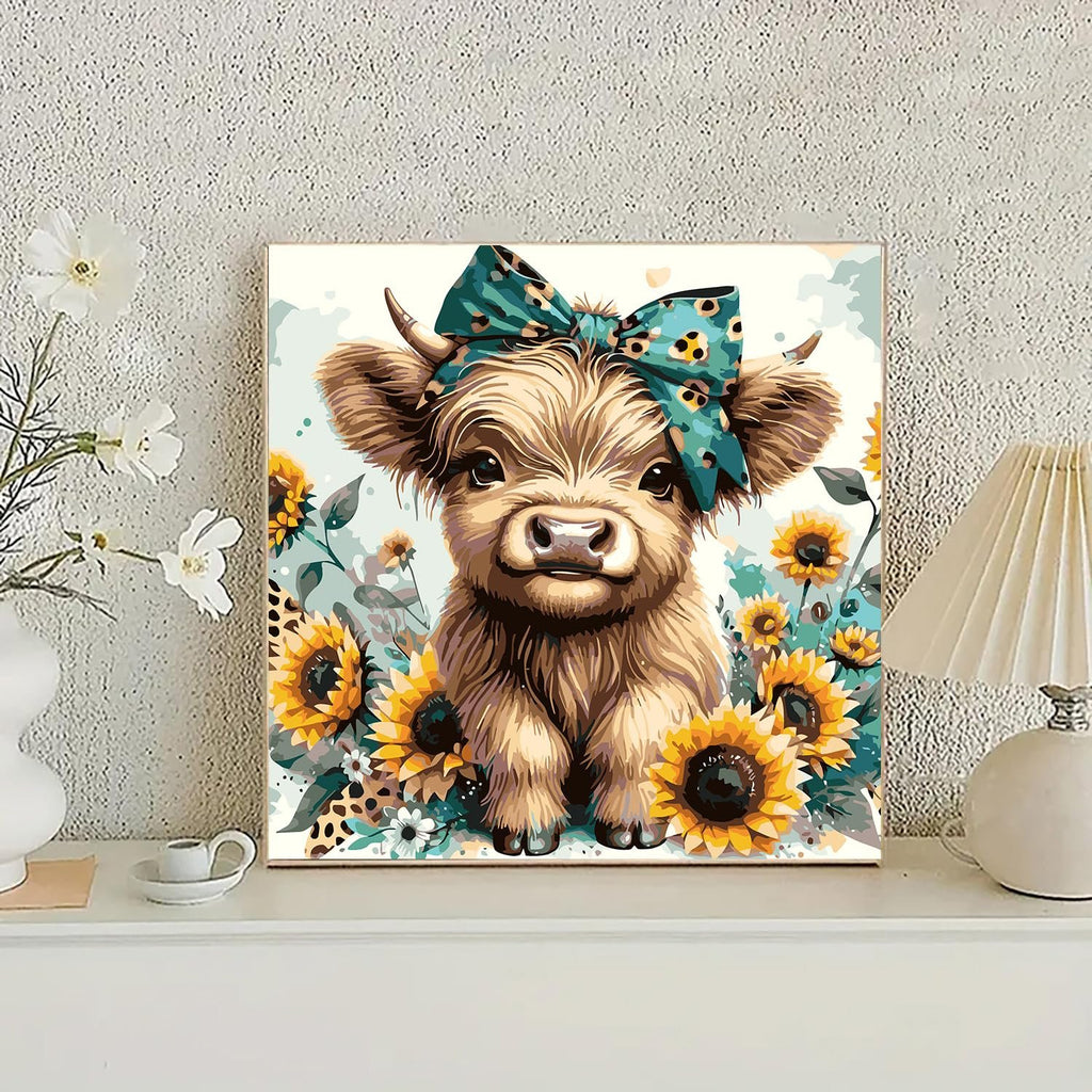 Paint by numbers kit featuring a fluffy Highland cow with a teal bow, surrounded by sunflowers and foliage.