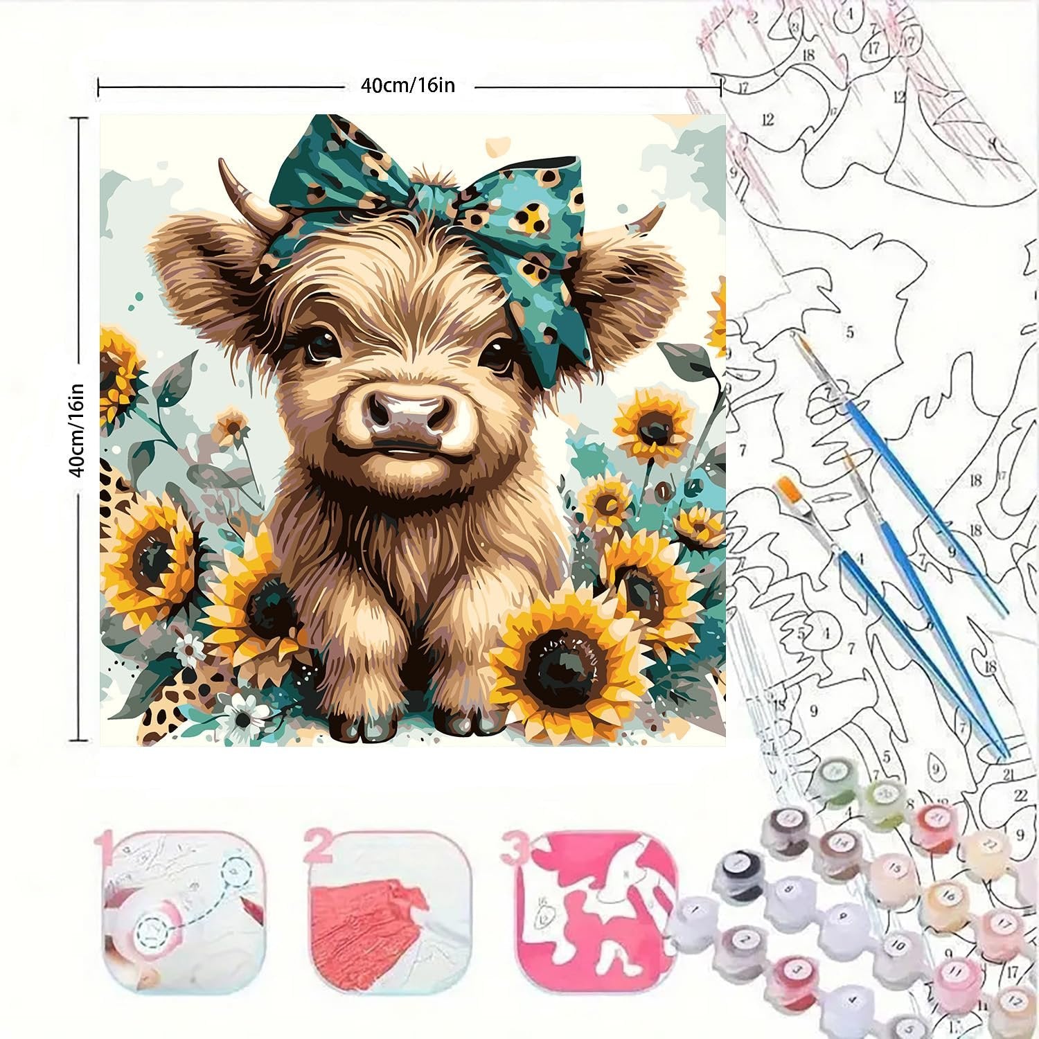 Paint by numbers kit featuring a highland cow with sunflowers and a teal bow, includes brushes and numbered paint pots.