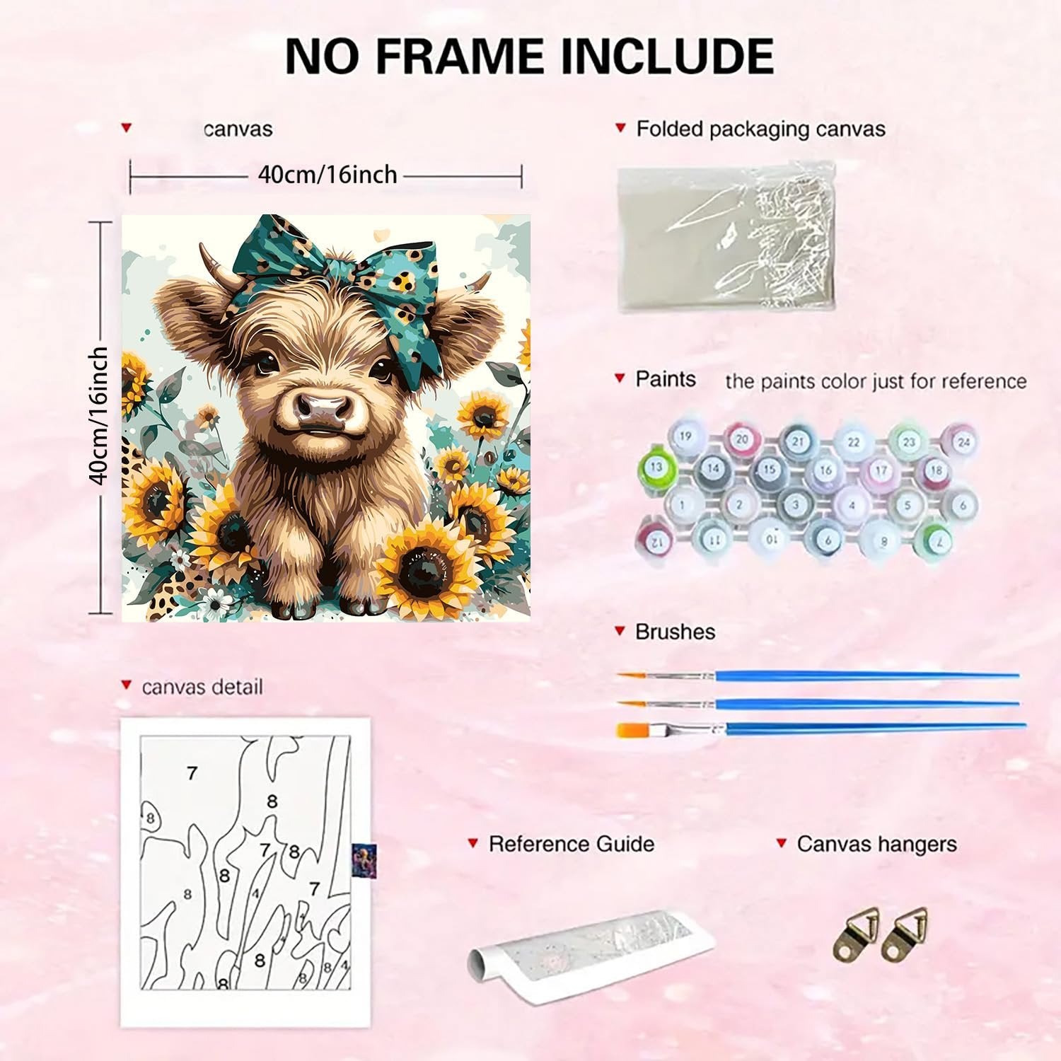 Paint by numbers kit showing a cow with sunflowers, paints, brushes, and canvas detail. Includes dimensions and 'no frame' text.