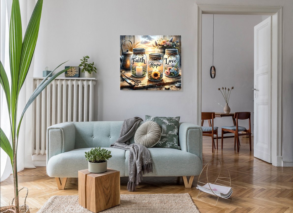 Canvas print of three mason jars labeled Faith, Hope, and Love, with a candle, sunflower, and flowers inside, displayed in a living room.