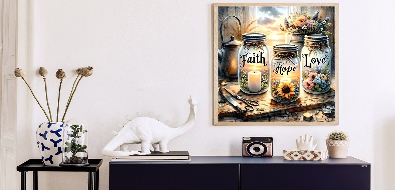 Paint by number canvas kit showing three mason jars with candles and flowers, labeled Faith, Hope, Love.