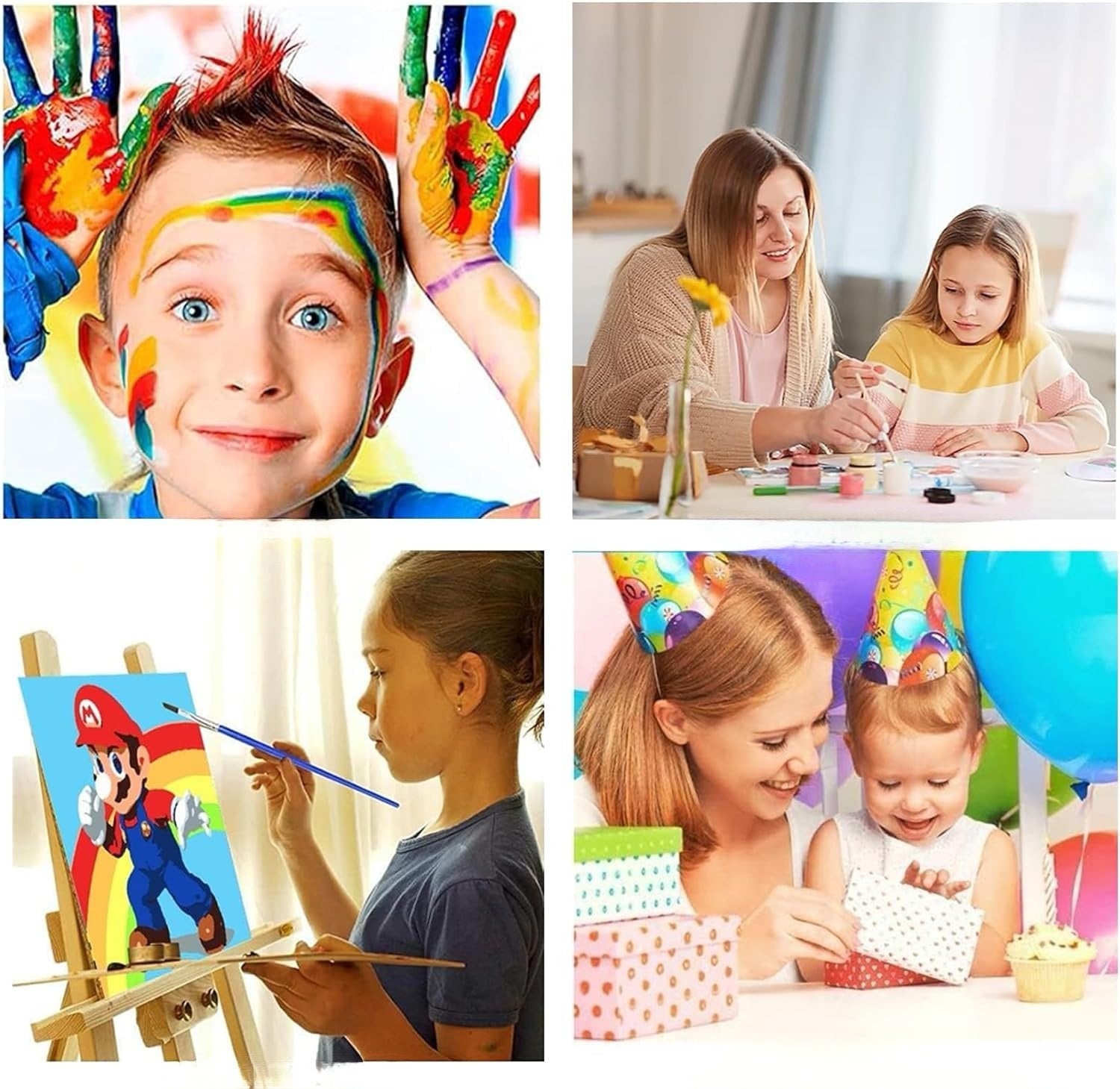 Collage of four images showing children and adults engaged in painting and celebrating. One image features a child with colorful paint on their face and hands.
