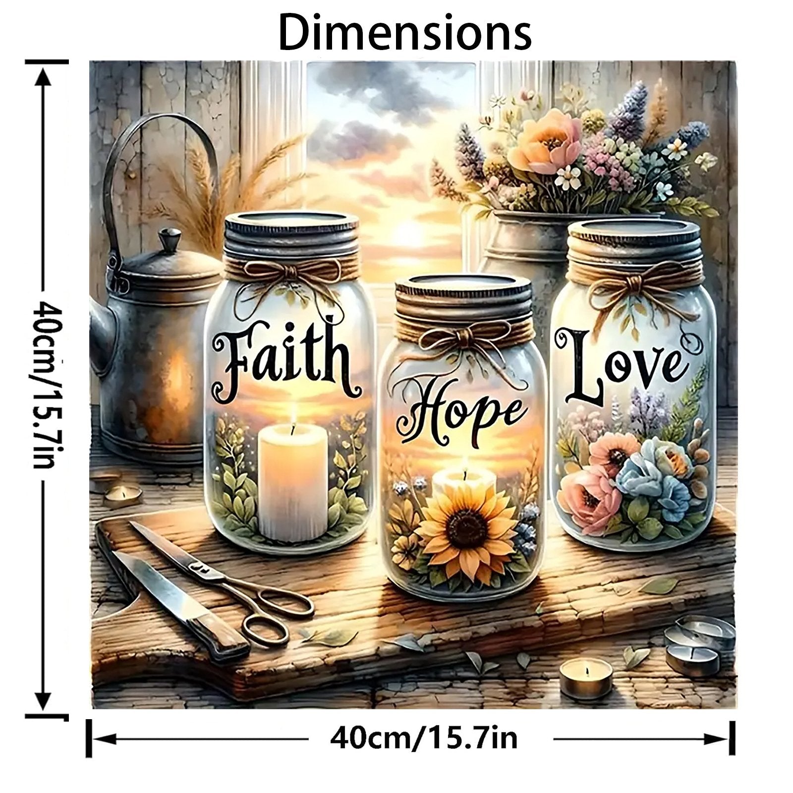 Paint by number canvas kit showing three mason jars with candles and flowers, labeled Faith, Hope, Love.