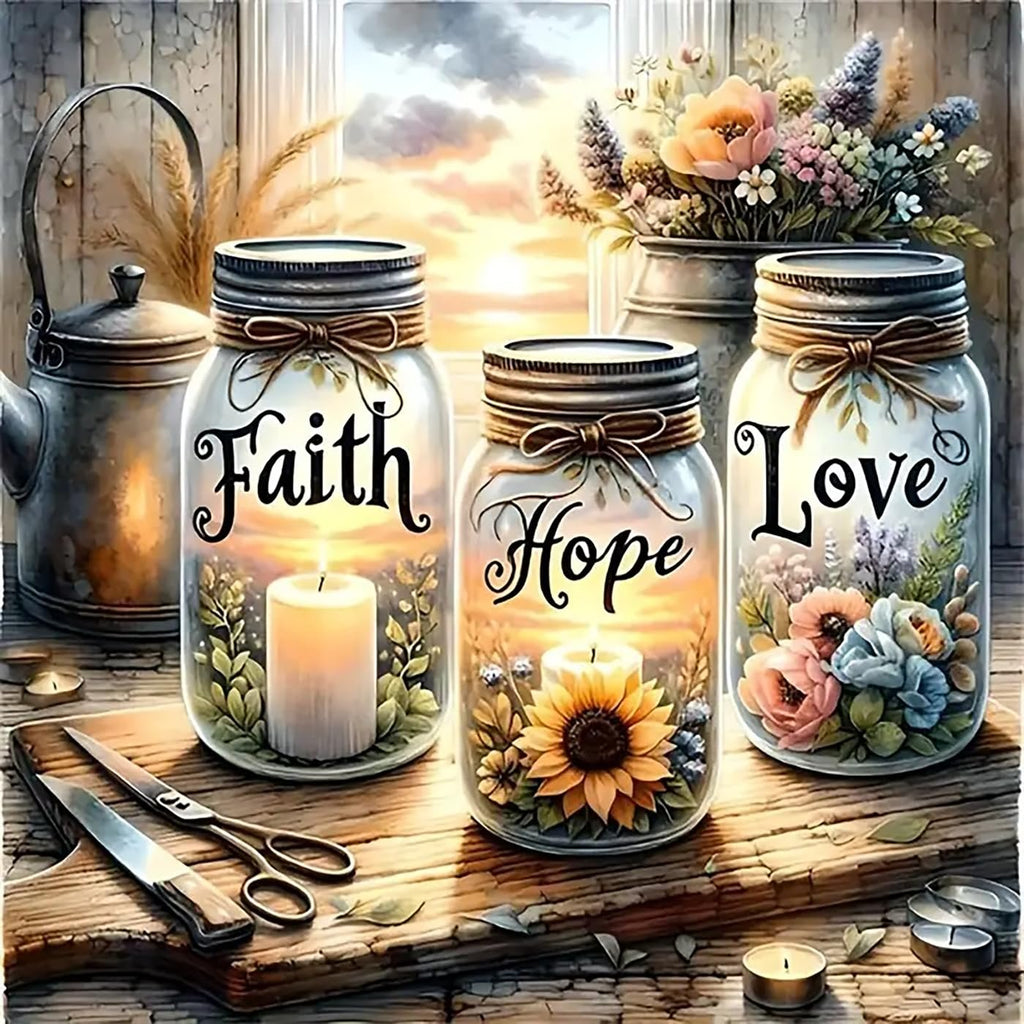 Three mason jars with candles and floral arrangements, labeled Faith, Hope, and Love, on a wooden surface with a teapot and scissors.