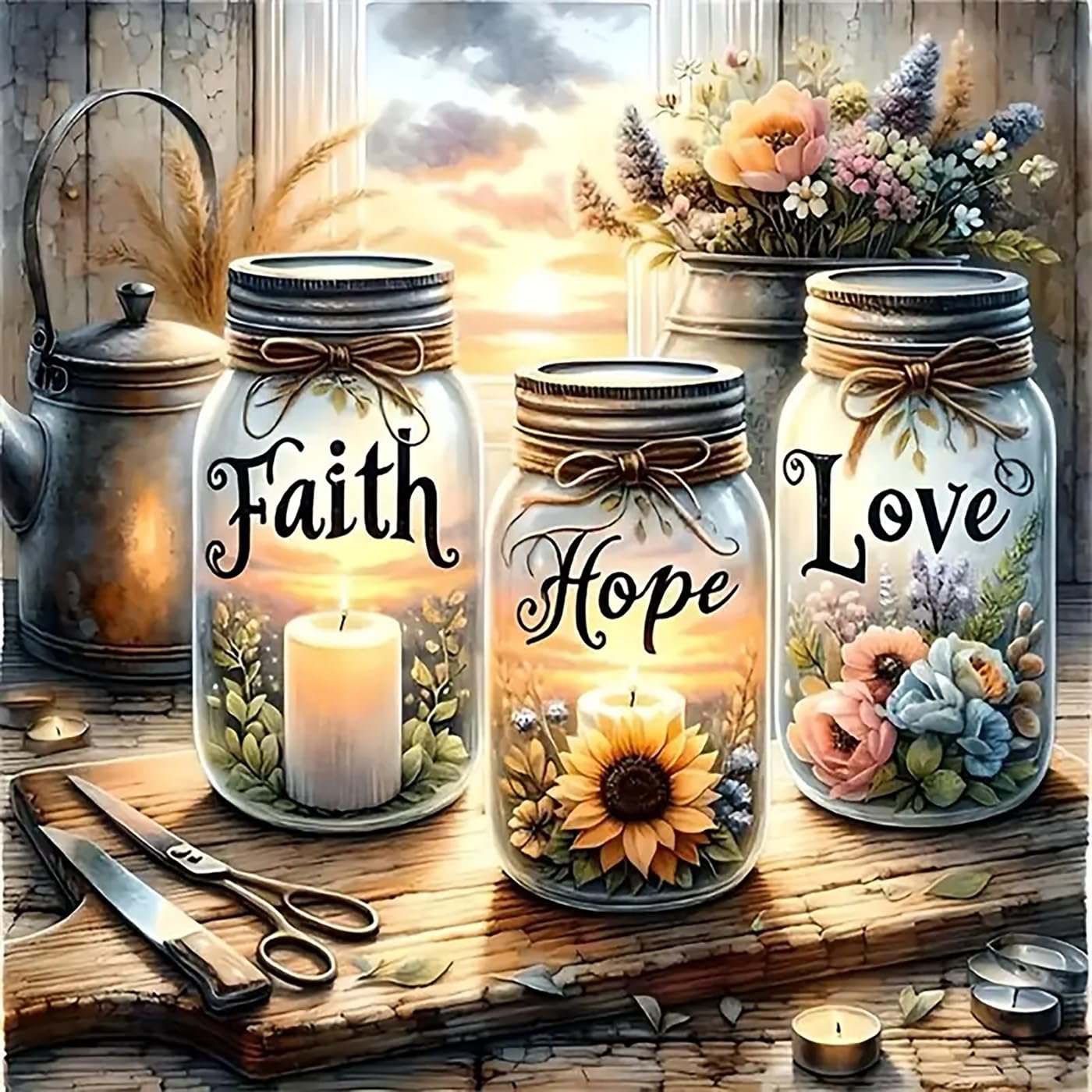 Three mason jars with candles and floral arrangements, labeled Faith, Hope, and Love, on a wooden surface with a teapot and scissors.