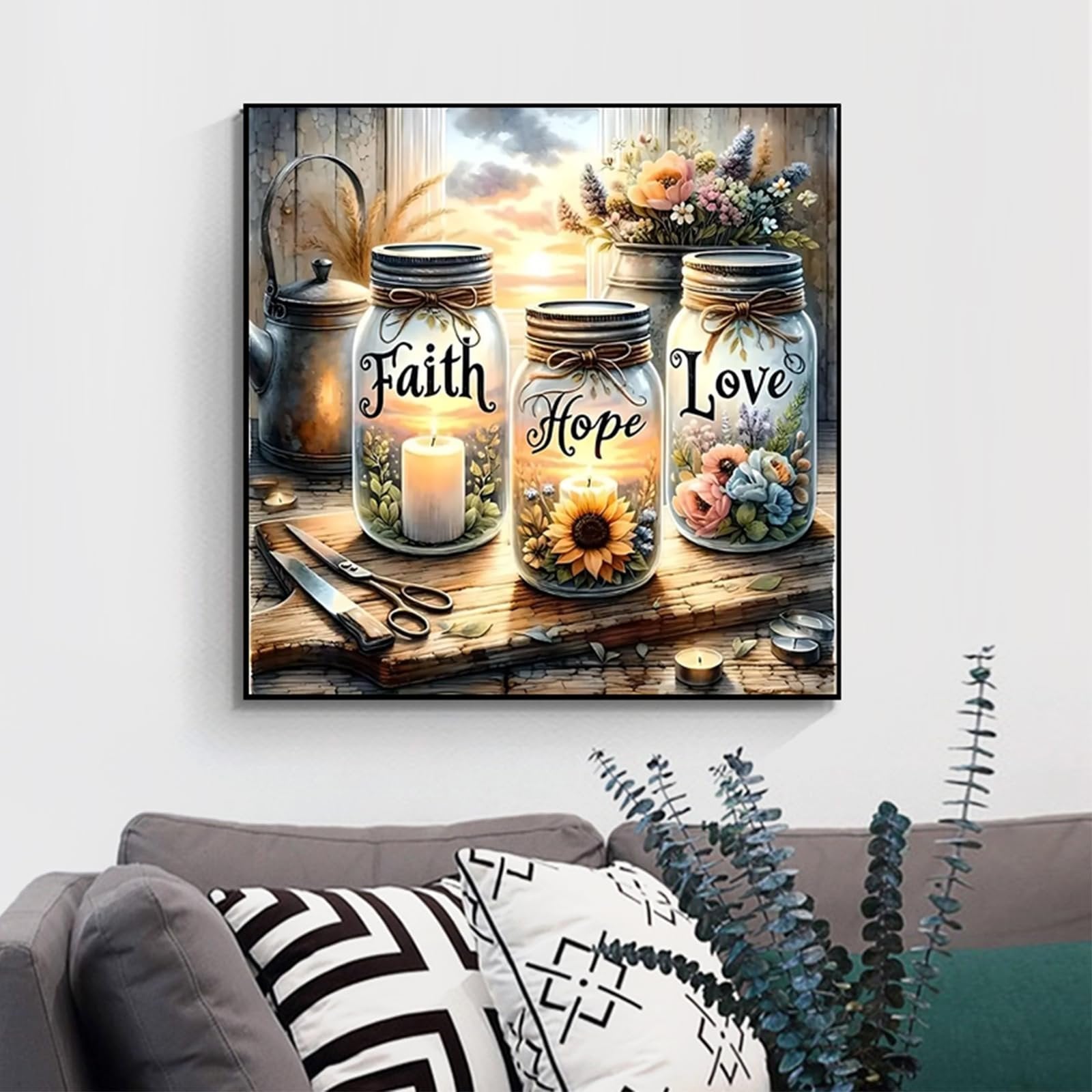 Paint by number canvas kit showing three mason jars with 'Faith', 'Hope', and 'Love' text, candles, and flowers.