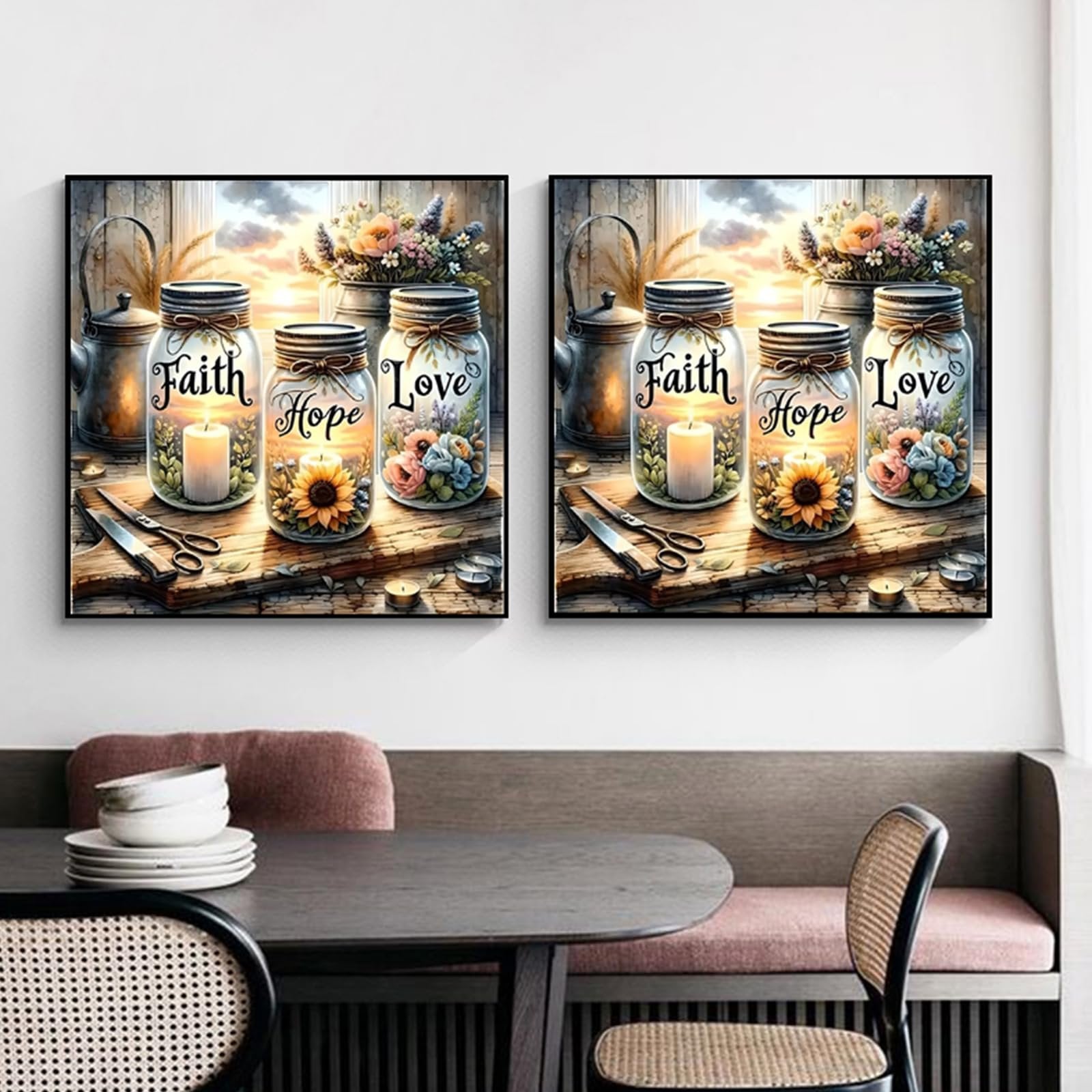 Two framed art prints depicting mason jars with candles, sunflowers, and flowers, with the words Faith, Hope, and Love.