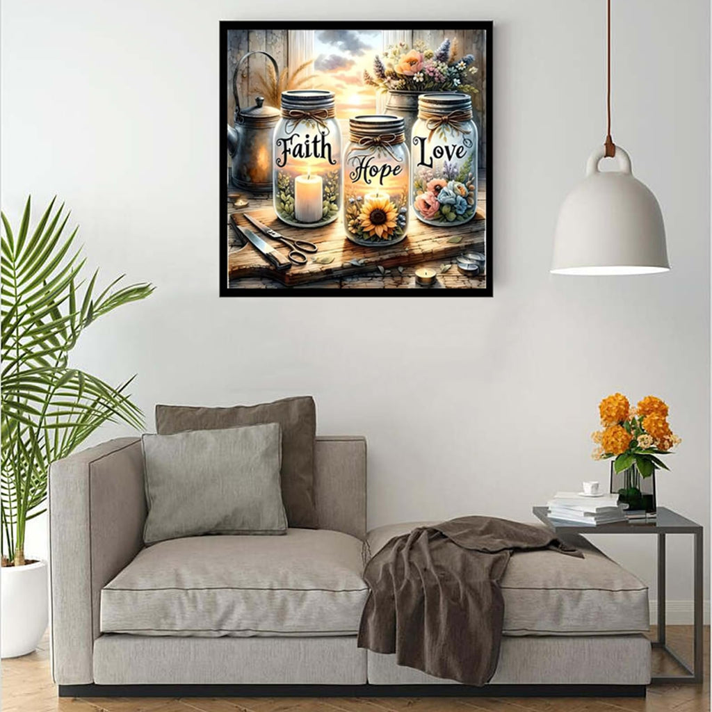 Paint by number canvas showing three mason jars with 'Faith', 'Hope', and 'Love' labels, lit candles, flowers, and a vintage teapot on a wooden table.