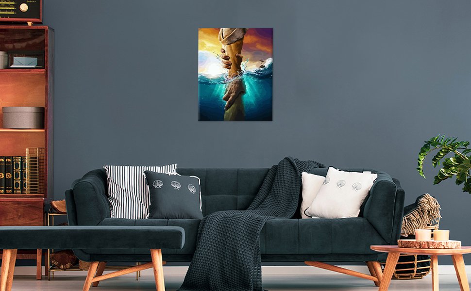 Jesus reaching down to help a person out of the water, depicted in a paint by numbers style on a canvas.