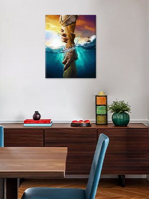 Painting of two hands reaching for each other in water, one hand pulling the other up from the depths.