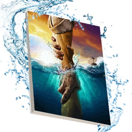 Paint by numbers canvas showing Jesus reaching out to a drowning person in the sea, with water splashes around the edges.