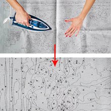 Hands ironing a paint by numbers canvas showing a Jesus design, with a close-up view of the numbered sections.
