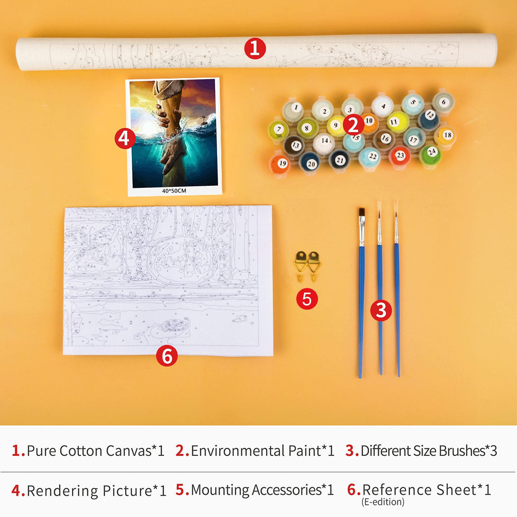 Paint by numbers kit contents laid out flat: rolled canvas, reference picture, paint pots, brushes, and mounting hardware.