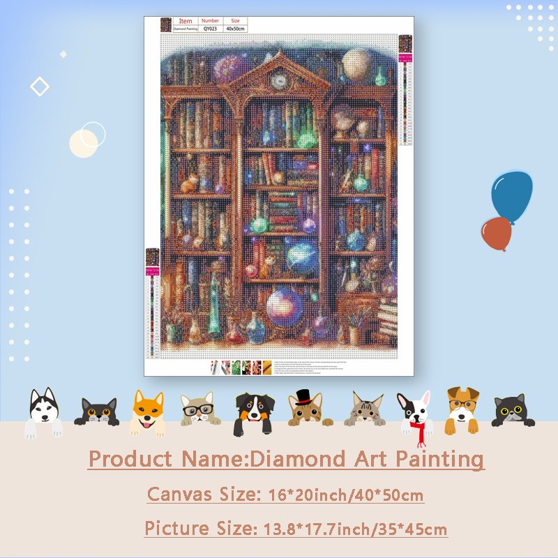 Diamond painting kit depicting a bookshelf filled with books and scientific equipment, rendered in colorful beads.