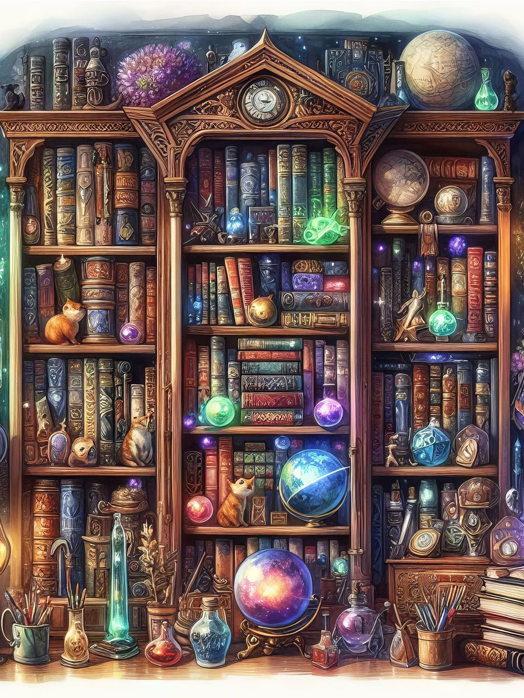 Fantasy bookshelf with books, globes, potions, and decorative items, digital art.