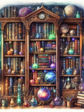 Fantasy bookshelf with books, globes, potions, and decorative items, digital art.