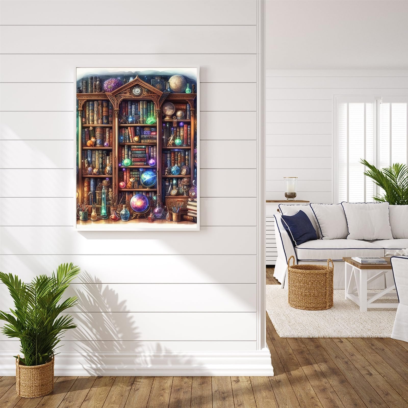 Diamond painting of a bookshelf filled with books, globes, and potions, displayed in a living room setting.