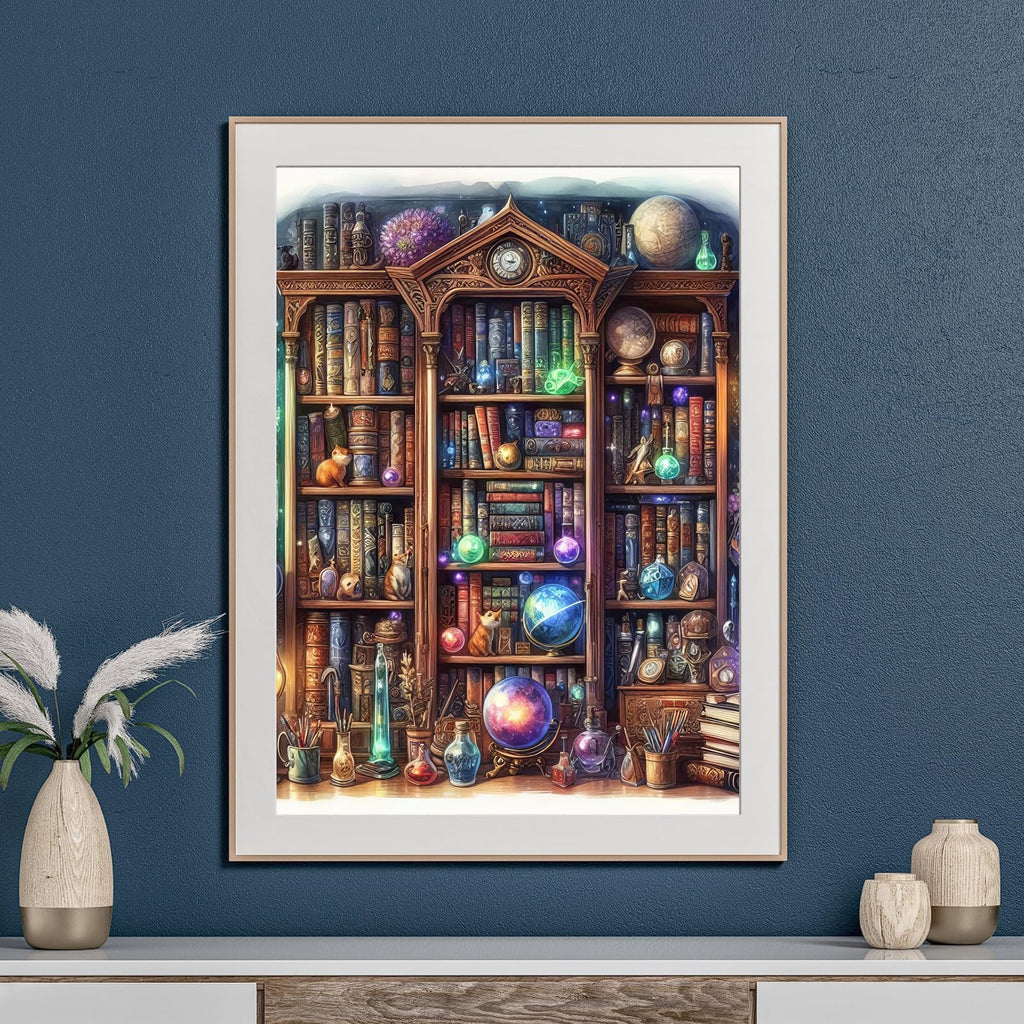 Diamond painting kit showing a fantasy bookshelf filled with books, globes, potions, and decorative items.