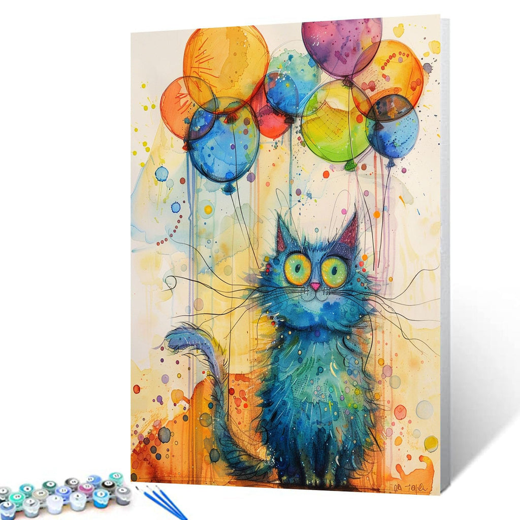 Abstract blue cat with yellow eyes holding colorful balloons, paint by numbers kit with brushes and paint pots