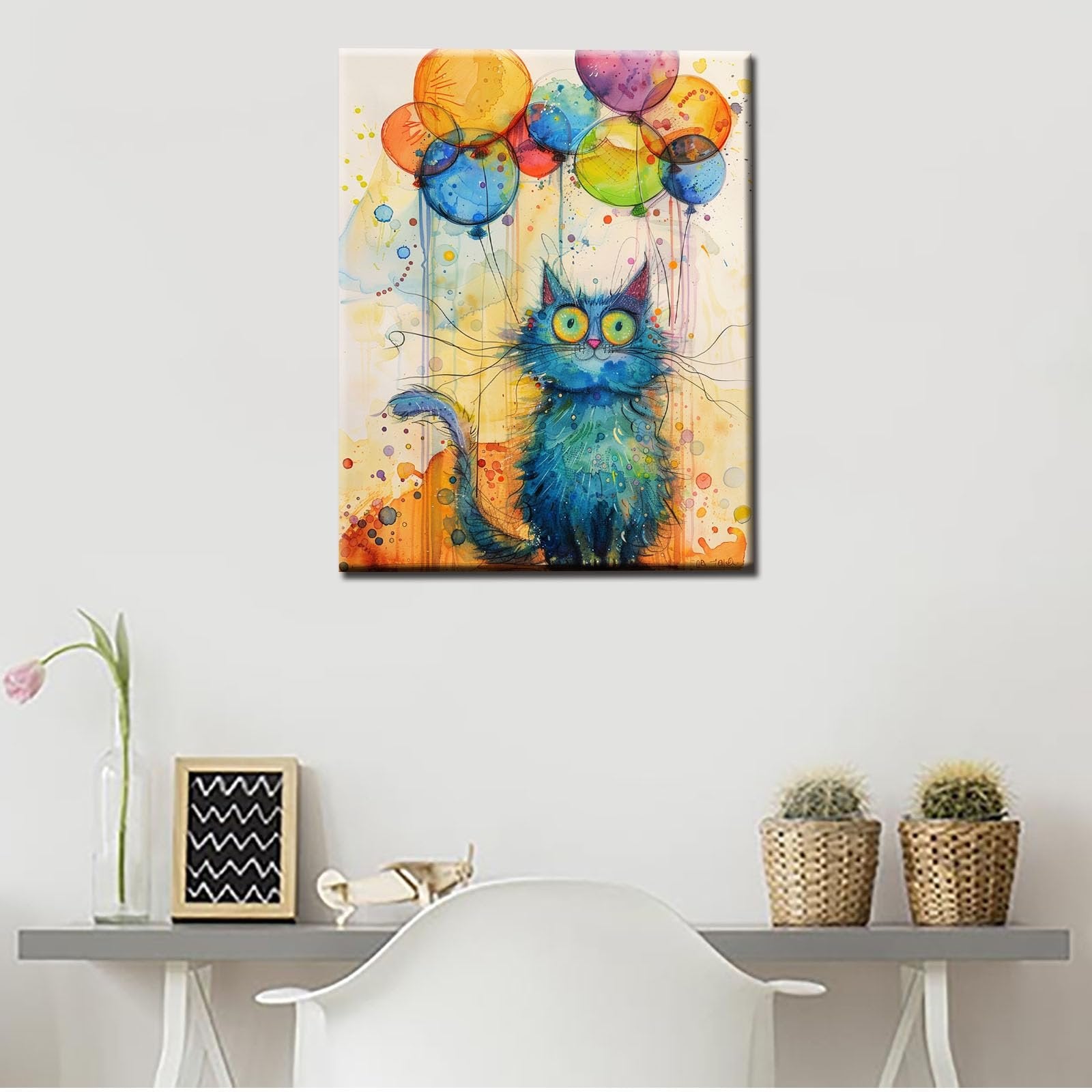 Abstract blue cat with yellow eyes holding balloons, watercolor style painting on canvas, displayed on a wall above a shelf.