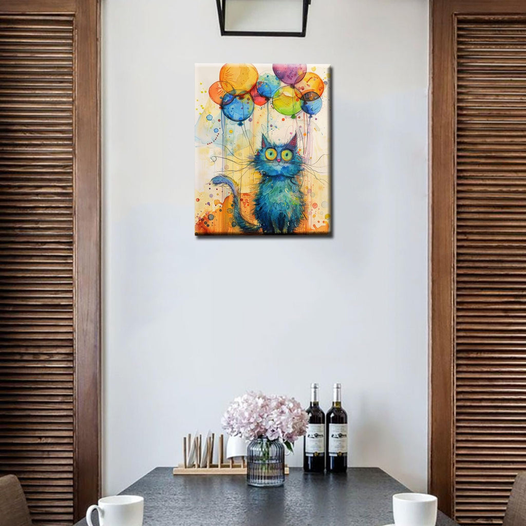 Abstract blue cat with colorful balloons painting hanging on a wall above a table with wine bottles and flowers