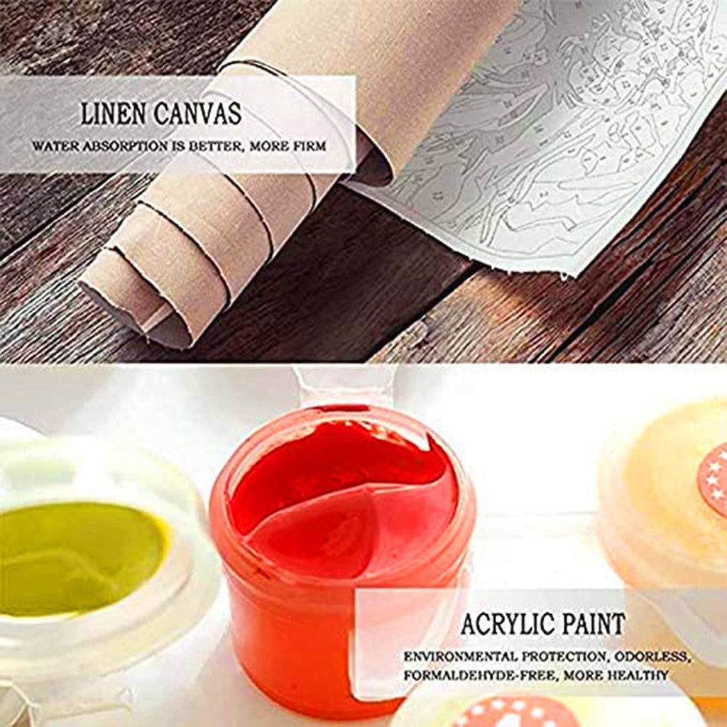 Paint by numbers kit showing rolled linen canvas and containers of acrylic paint.