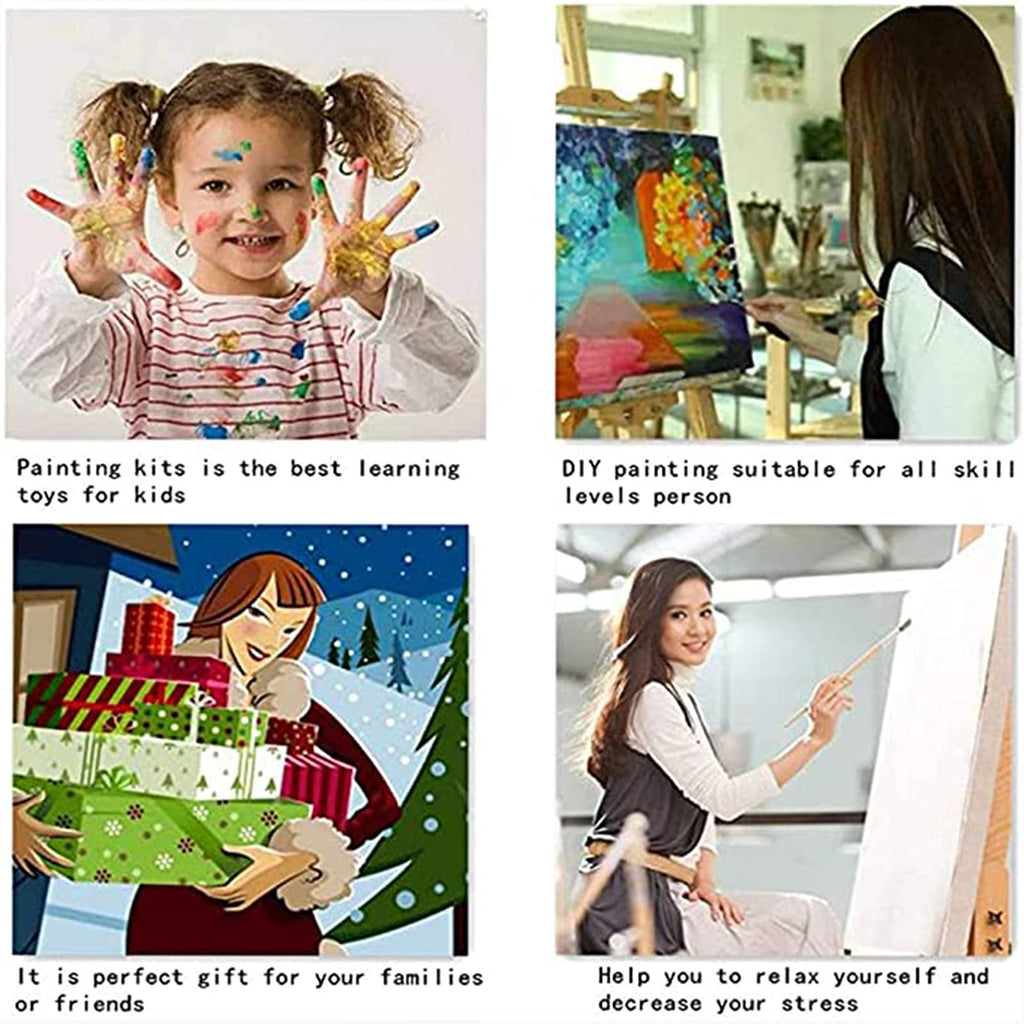 Collage of four images related to painting kits: a child with paint on hands, a woman painting, a woman holding gifts, and a woman painting to relax.