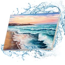 16x20 inch beach landscape paint by numbers kit for adults, canvas with painted ocean waves and sand, surrounded by water splashes.