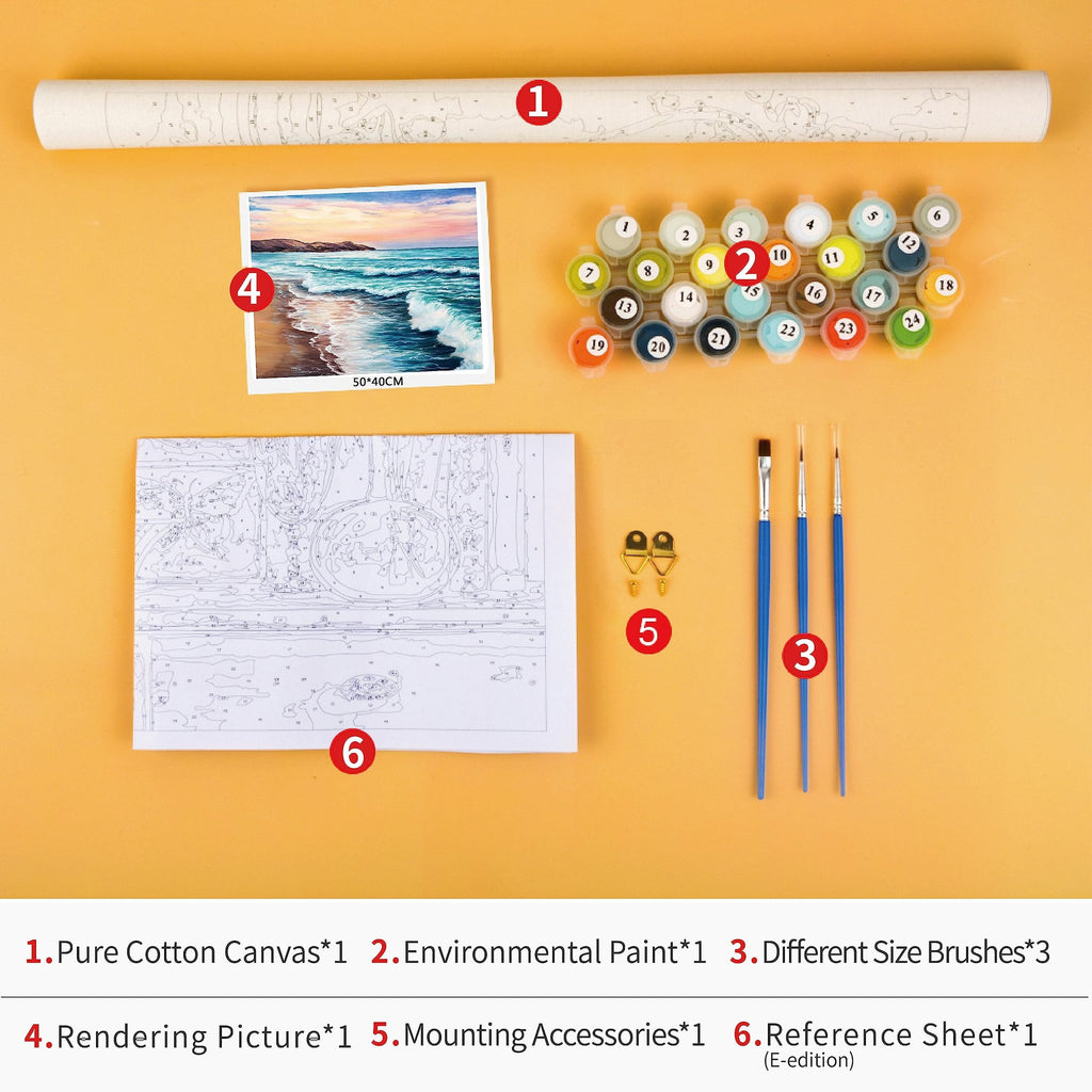 Paint by numbers kit contents including numbered paints, brushes, canvas, reference sheet, and mounting accessories.