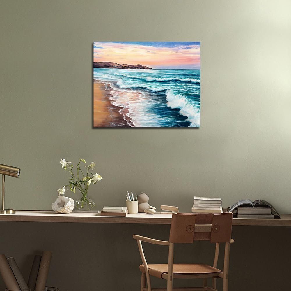 16x20 inch beach landscape paint by numbers kit displayed on a wall above a desk