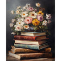 Stack of antique books with a floral arrangement on top, oil painting style