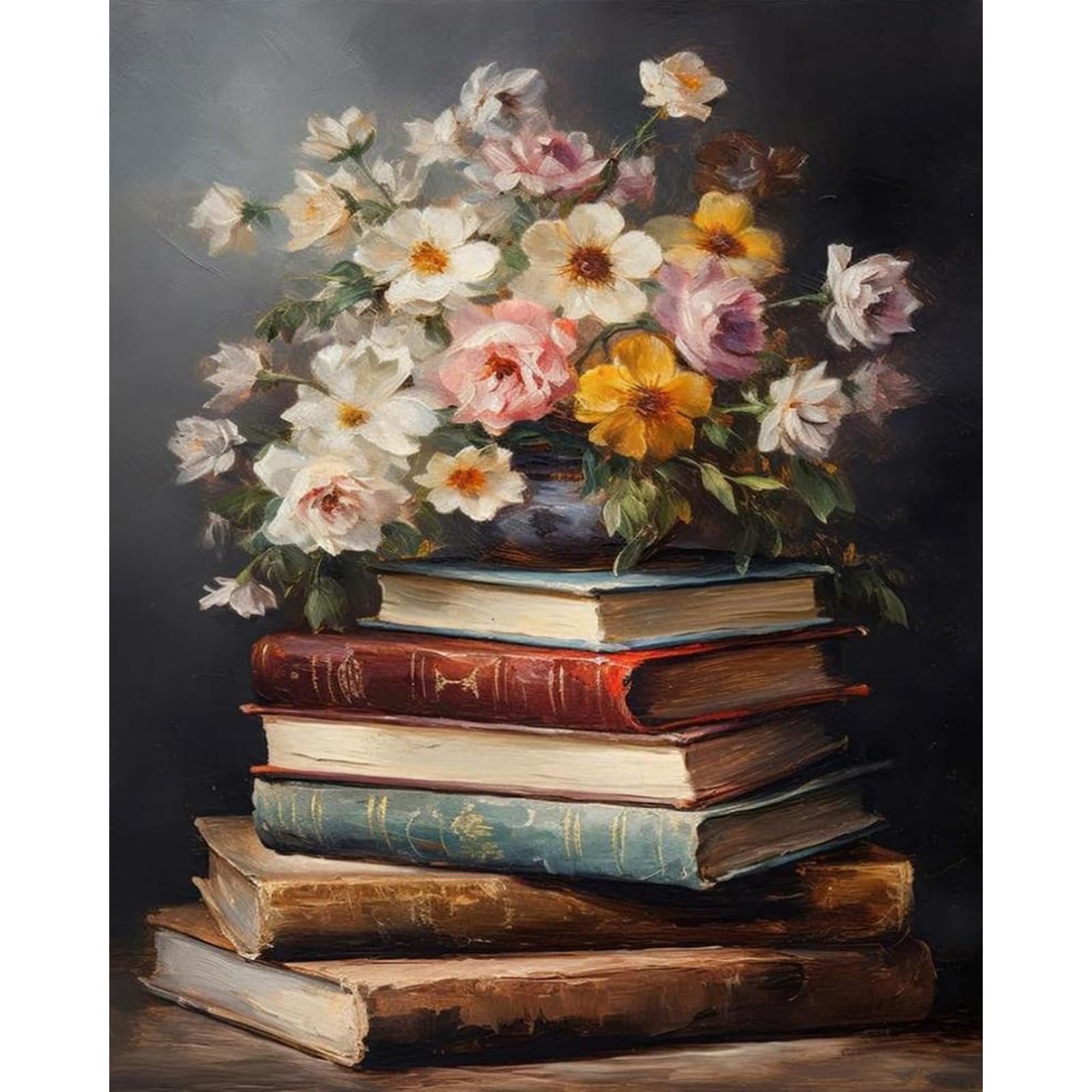 Stack of antique books with a floral arrangement on top, oil painting style