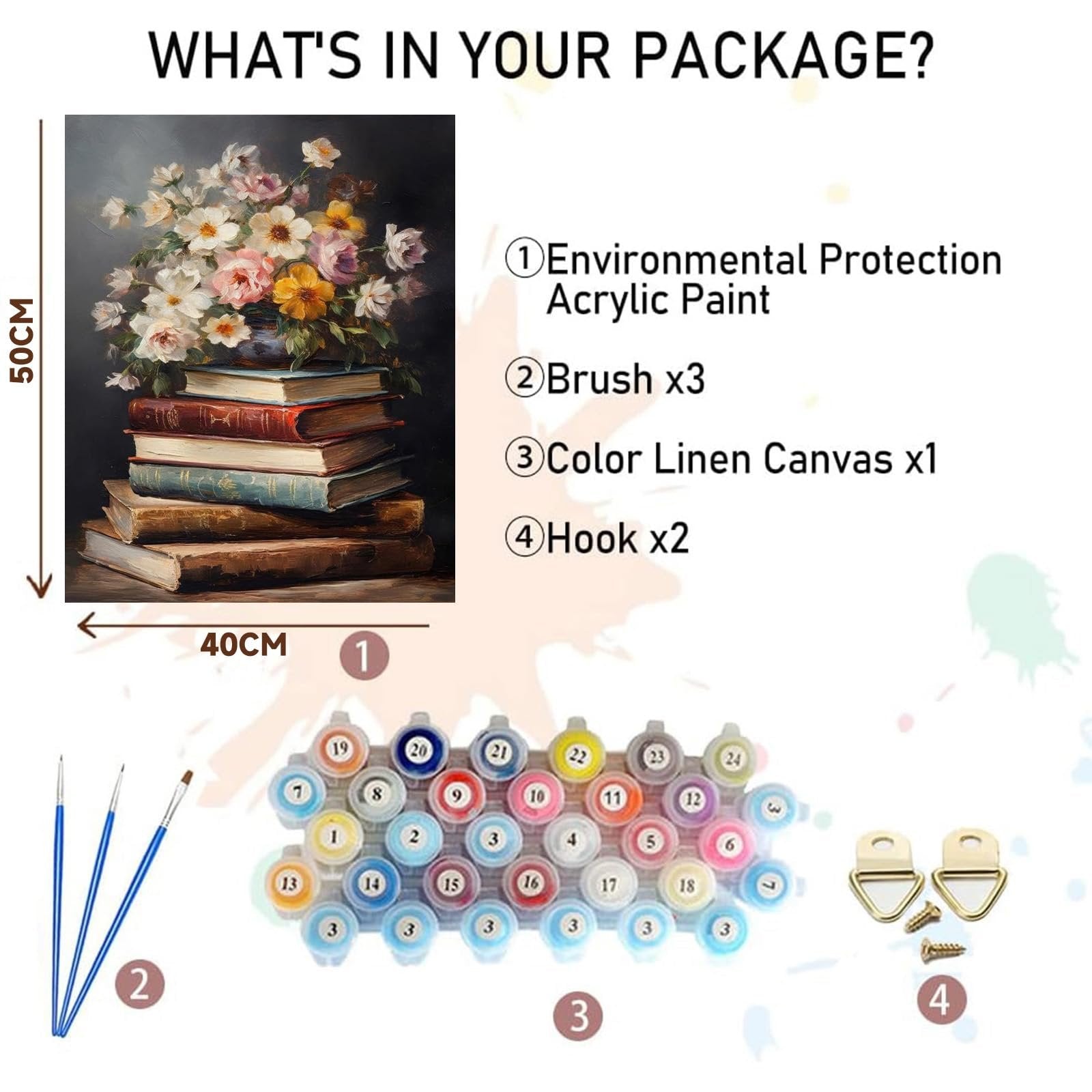 Paint by numbers kit contents: painting of flowers on books, acrylic paints, brushes, canvas, and hardware.