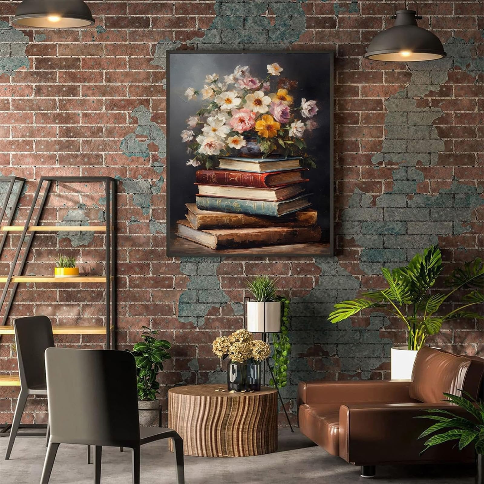 Framed painting of a stack of antique books with a floral arrangement on top, displayed in a living room setting.