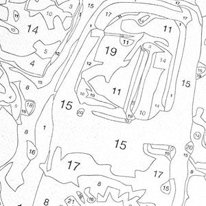 Paint by number canvas showing numbered sections for a bookshelf scene.