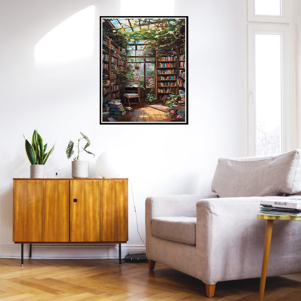 Paint by number canvas depicting a sunlit library with bookshelves and plants, displayed in a living room setting.
